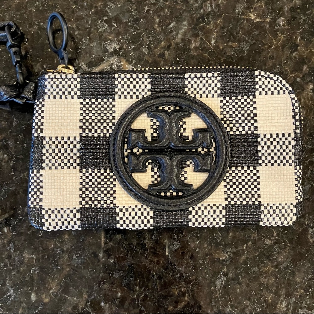 New Tory Burch Perry Bombe Gingham Top-Zip Card Case, Leather Wristlet, Black